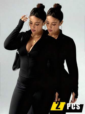 2ชิ้น - กางเกงขายาวผู้หญิงไซส์ใหญ่พิเศษ ทรงบาน, เลกกิ้งโยคะรัดรูปเอวสูงยืดหยุ่น, กางเกงขายาวลำลองแฟชั่นใส่สบายเนื้อนิ่ม, ฤดูใบไม้ร่วง/ฤดูหนาว