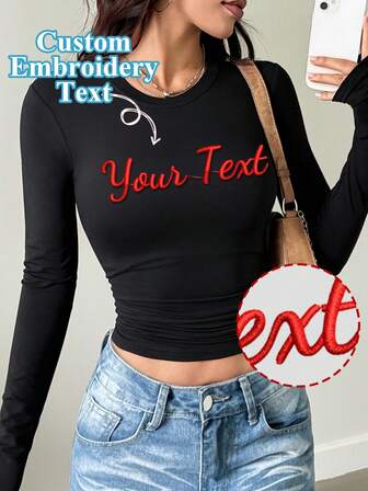 Camiseta de manga larga con bordado personalizado para mujer - Agrega tu texto, elige la fuente y el color, personaliza camisetas ajustadas bordadas, bordado de texto personalizado, adecuado para aniversarios, cumpleaños, fiestas y otras ocasiones. Camisetas personalizadas, blusas para mujer, personalización bordada, camisetas con texto personalizado, camisetas de manga larga para mujer, blusas, adecuadas para todas las estaciones.