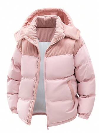 Abrigo acolchado con capucha de color block grueso y cálido para mujer en otoño/invierno