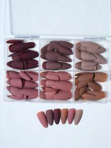 144片（6种混合色）哑光杏仁形亮棕色和浅棕色亚克力按压式美甲贴片，包含1片果冻胶和1个指甲锉，易于佩戴，适合女性日常工作、派对和其他场合。 - 棕色 - 查看 6