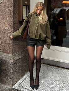 Women's Fashion Jacket, Christmas, Loose Suede Bomber Jacket With Pockets, Suitable For Autumn/Winter, Thanksgiving Attire - Olive Green - View 7