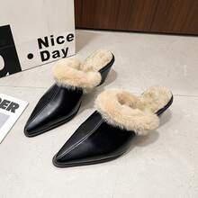Women's Fashionable Fluffy Slip-On Mules, Pointed Toe High Heel Clogs, Autumn/Winter - Black - View 6