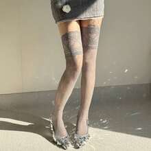 1 Pair Of Elegant Gothic Lace Over-The-Knee (OTK) Fishing Net Socks For Ladies - Transparent Pantyhose With Ruffles And Striped Patterns, Comfortable Support Design, Suitable For Casual, Party And Daily Wear - Sexy Statement Leg Accessories With Lace Details, Hand Wash Or Dry Clean, Spring And Summer Season Multi-Functional For Home, Outdoor And Party Use (Black/White) - Suitable For Theme Events And Daily Use, Sexy Stockings For Women - Xám - Xem 8