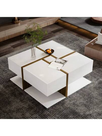 High Gloss Coffee Tafel Drawers, Unique Scheme Linear Storage Space Underneath. 78*78*34.8cm view 2