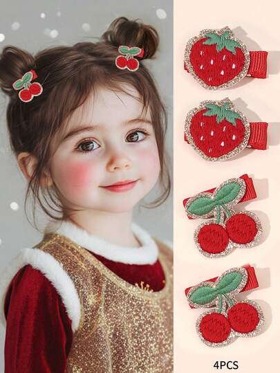 4pcs Strawberry Hair Bows For Girls Cute Fruit Hair Clips For Kids Toddlers Embroidered Strawberry Cherry Alligator Clips Sweet Princess Daily Barrettes Kids Baby Hair Accessories