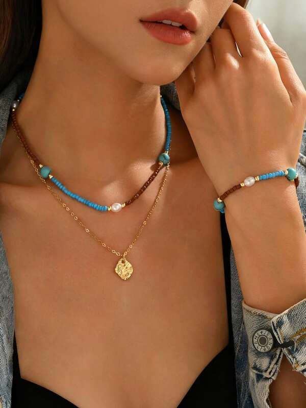 Fashionable Bohemian Style Acrylic Beaded Faux Pearl Hammered Quadrilateral Pendant Necklace & Bracelet Set For Women