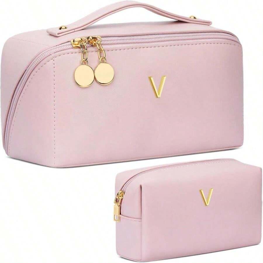 CLOUDWINGS Birthday Gifts For Women Teen Girl, Personalized Initial Makeup Organizer Bag Set, Open Flat Travel Cosmetic Bag With Clear Divider And Handle(Pink,V) - ColorT - 查看 1
