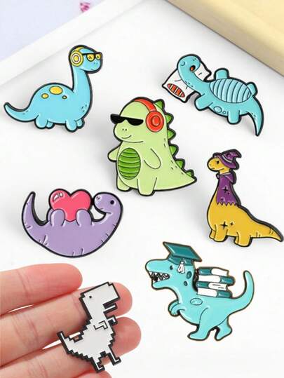 1pc Cartoon Style Fashion Glasses Endorsed Dinosaur Design Pixel Divided Into White Dinosaur Paint Alloy Brooch