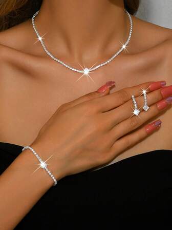 4 piezas Conjunto elegante y minimalista de collar, aretes y pulsera con circonita cúbica, adecuado para novias, bodas, uso diario, gran regalo para el Día de Acción de Gracias, Día de la Madre