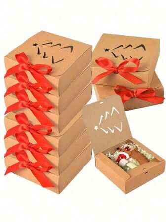 10 piezas Caja de joyería, Cajas de regalo de Navidad con lazo de cinta - Cajas de regalo de papel kraft marrón, perfectas para caja de joyería, fiestas, bodas, cumpleaños y celebraciones temáticas