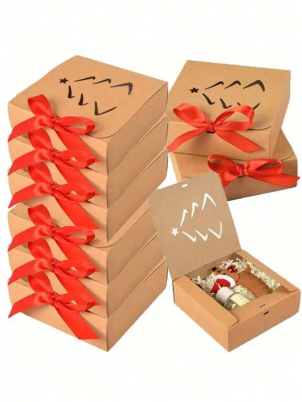 10pcs Jewelry Box,Christmas Gift Boxes With Bow Ribbon - Brown Kraft Paper Gift Packinging Boxes Perfect For Jewelry Box,Holiday Parties, Wedding, Birthdays & Themed Celebrations