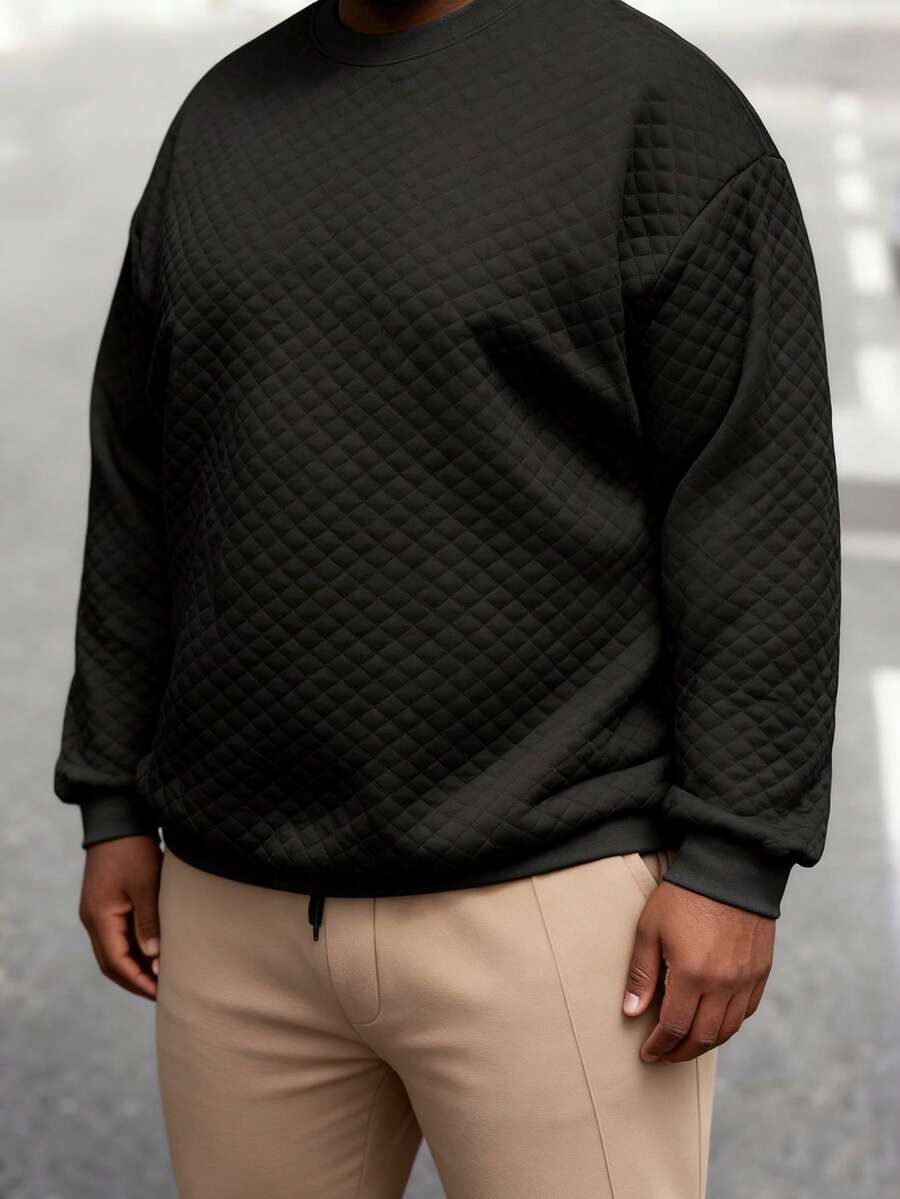 Waffle Knit Casual Plus Size Men's Crew Neck Long Sleeve Sweatshirt - Black - View 1