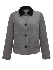 Abrigo corto para mujer con cuello alto y bloque de color, para otoño/invierno - Gris - Ver 4