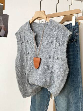Korean Style Soft Fleece Sleeveless Women Vest, Autumn Knitted Sweater With 3D Fuzzy Balls & Cable Knit, Soft & Cozy Short Cardigan