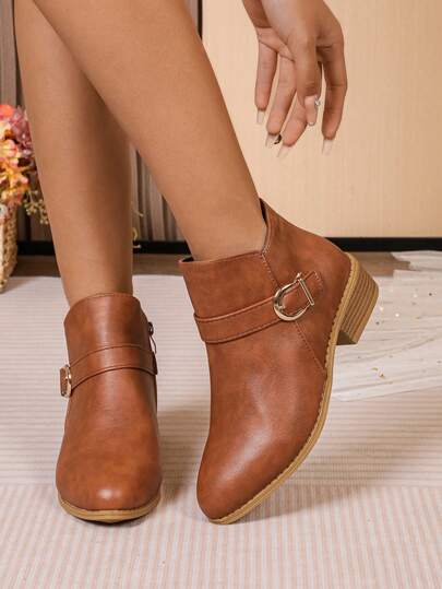 Women's Autumn Ankle Boots, Solid Color Western Style, Preppy, Casual, Side Zipper, Buckle, Lightweight, Comfortable, Versatile For Daily Wear, Parties, Outdoor, Autumn/Winter