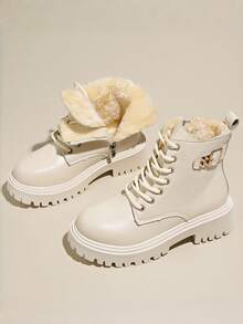 2025冬季女士保暖毛绒内衬雪地靴，厚底靴，毛绒靴 - 米色 - 查看 1