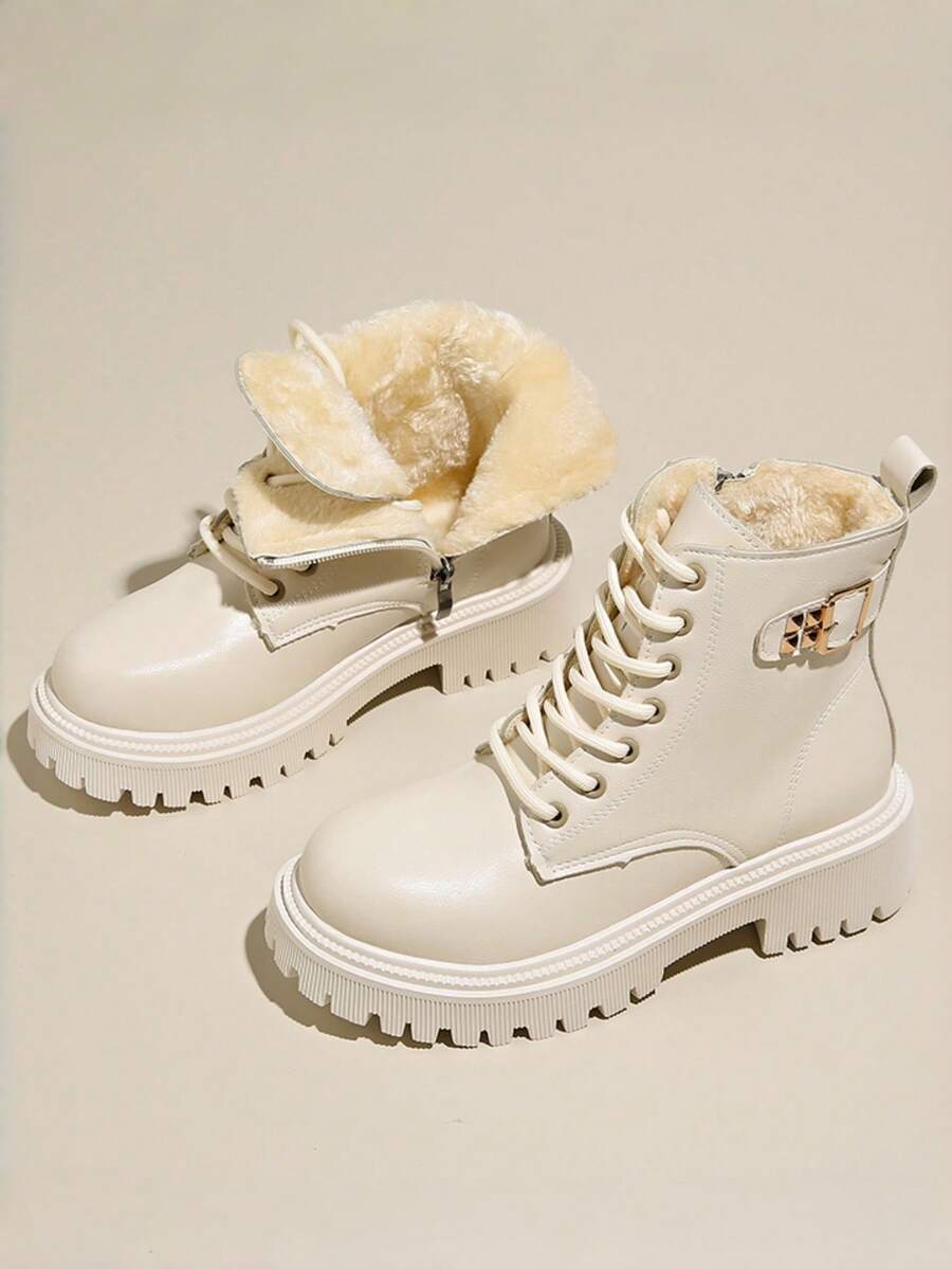 2025冬季女士保暖毛绒内衬雪地靴，厚底靴，毛绒靴 - 米色 - 查看 1