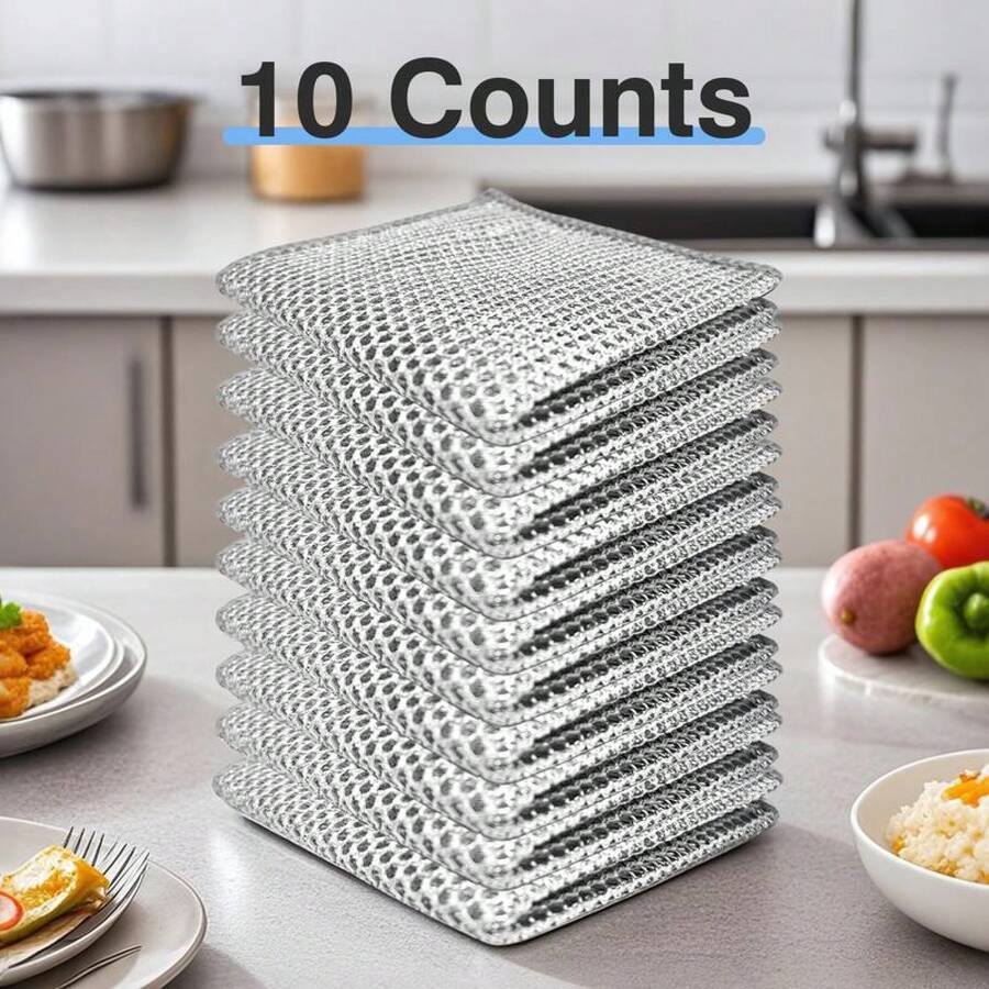 10 Count Non-Scratch Wire Dishcloth Multifunctional Rag Metal Scrubbers For Dry And Wet Cleaning, 2-Layer Kitchen Cleaning Cloth Tool - Grey - View 1
