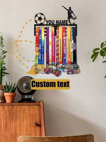 1 pieza Estante de exhibición de medalla de fútbol de metal personalizado con silueta de jugador - Decoración colgante multiusos para Navidad, verano, otoño, invierno - Soporte de 12 varillas adecuado para varias ocasiones, placa de nombre personalizada, decoración creativa, decoración del hogar, arte de pared, decoración de pared de deportes al aire libre