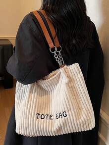 复古欧洲时尚灯芯绒材质字母印花女士优雅单肩托特包 - 白色 - 查看 10