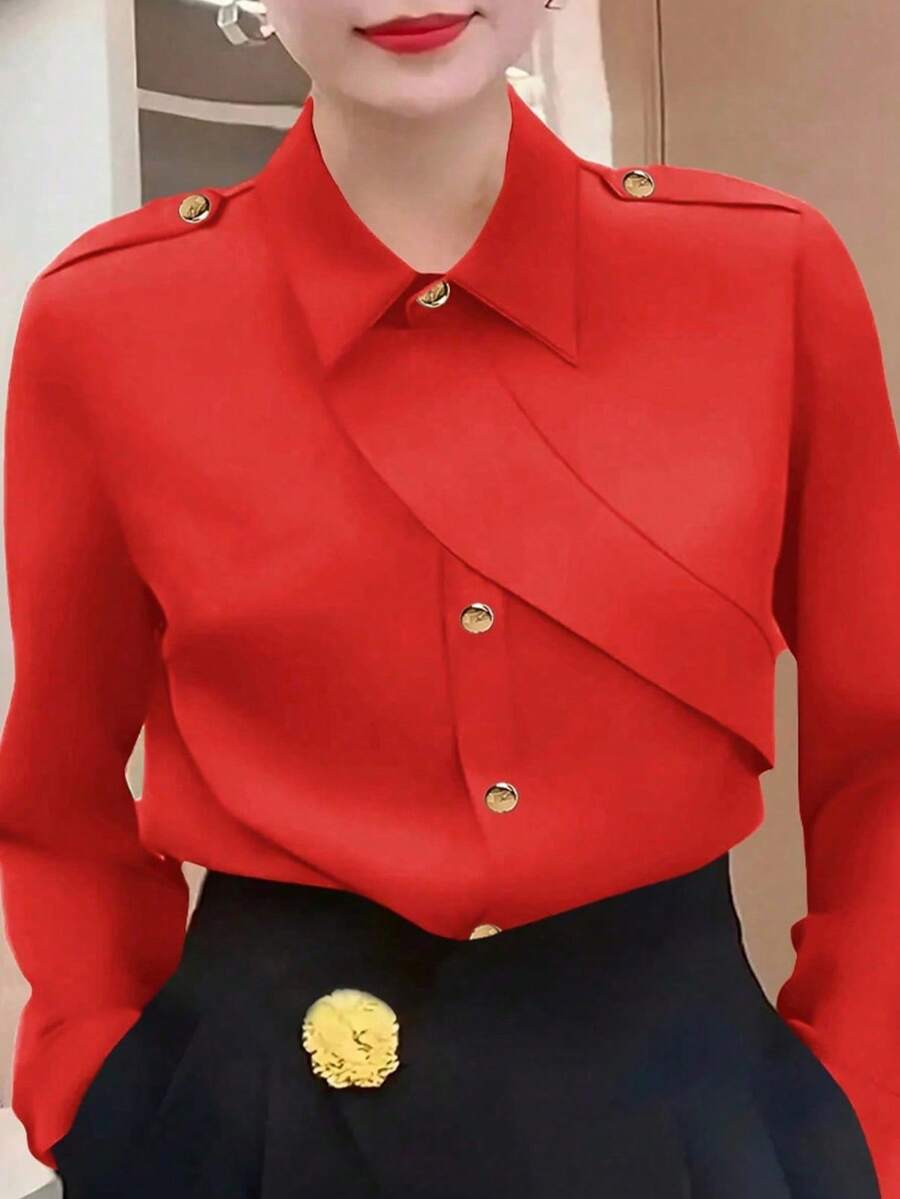 Plus Size Women Casual Button-Up Shirt - Red - View 1