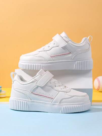 Chaussures de sport décontractées mode pour enfants, semelle supérieure en cuir facile d'entretien, doublure respirante, légères, semelle souple antidérapante, fermeture pratique à boucle et crochet, facile à enfiler/retirer, polyvalentes, blanches