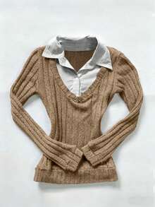 女士平价休闲上衣，波点条纹二合一设计，修身剪裁，适合日常穿着、叠穿或外搭。 - 棕色 - 查看 2