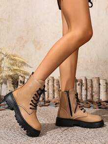 2025冬季新款女鞋，保暖冬靴，时尚百搭休闲女鞋，真皮踝靴，黑白短靴，侧拉链系带女靴，厚底女靴，侧拉链系带踝靴和短靴，时尚女靴，机车靴，靴子 - 卡其色 - 查看 3