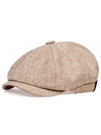 1pc Men's Solid Color Linen Newsboy Cap, Casual Outdoor Hat Suitable For Spring, Autumn, Travel, Beach, Party
