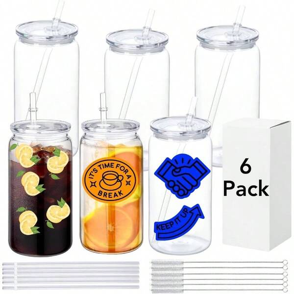 6 Pack Acrylic Jar Plastic Tumblers With Lids And Straw 16Oz Plastic Cups Bulk Drinking Plastic Beer Can Cups Iced Coffee Cup Smoothies Milk Coffee No Brush