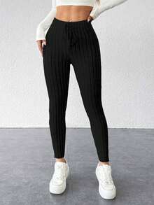 3 Stück Damen Lässig einfarbige gerippte verdrehte Hose mit elastischem Bund