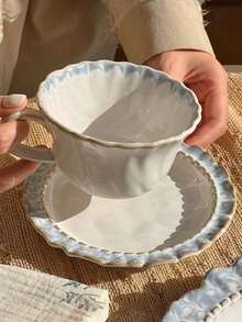 1 Juego de Taza y Platillo de Estilo Retro Azul Humo Transformado en Horno - Tazas de Cerámica Elegantes, Aptas para Café, Té y Latte | Encantadora Vajilla Retro, Taza de Café y Platillo de Alto Valor, Adecuado para Uso Doméstico y de Cafetería