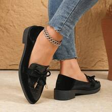 Zapatos planos para mujer con moño, estilo universitario, elegante, de moda, versátil, casual, bohemio, suela gruesa, punta puntiaguda, tacón de bloque, adecuado para oficina, fiesta, vacaciones, interior y exterior, todo el año, mocasines - Negro - Ver 5