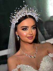 1 Stück luxuriöser romantischer Perlen- & Kristall-Dekor Braut-Krone, handgefertigter modischer Haarschmuck für Hochzeit, Party & Veranstaltungen