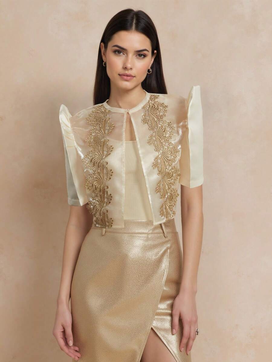 現代菲律賓風女士優雅花卉刺繡泡泡袖短袖襯衫上衣女裝波羅衫 - 香檳色 - 查看 1