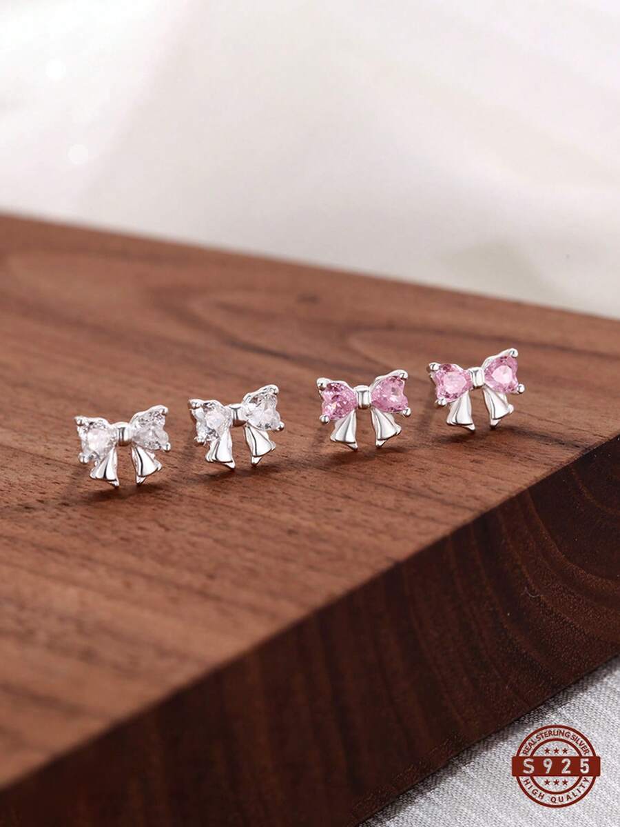 1对S925纯银可爱蝴蝶结锆石耳钉，轻盈奢华，日常佩戴，小巧百搭，适合学生佩戴，低过敏性，情人节礼物，附赠精美礼盒