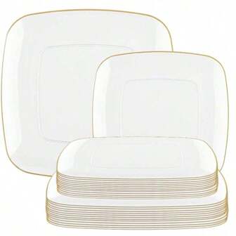 50/25/10/5/1pcs Square Plates With White Rim, Premium Rounded Corner Dinnerware With Gold Rim, 10.25" And 7.5" Trays, Dessert Plates, Salad Plates, Suitable For Christmas, Wedding, Party, Family Gathering, Restaurant, Kitchen, Outdoor, Vacation, Etc.