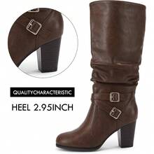 Womens Mid Knee High Boots Chunky Heel Slouchy Metal Buckle Side Zipper Fashion Winter Shoes - 巧克力 - 查看 3