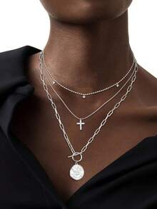 3Pcs Layered 14K Gold Plated Necklaces For Women Dainty Necklace Stack Silver Plated Non Tarnish Free Pendant Chunky Chain Pearl Paperclip Cross Heart Necklace Set For Women - 鍍銀項鍊+十字架 - 查看 5
