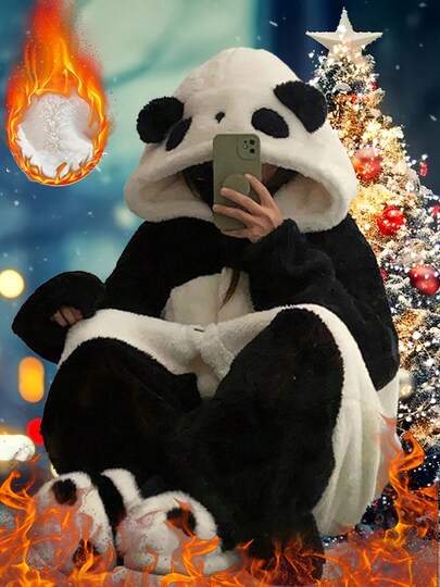 1pc Cute Panda Hooded Robe, Women's Long Plush Hooded Robe For Winter, Cartoon Panda Coral Fleece Sleepwear, Winter Robe, New Warm Homewear, Soft Flannel, Warm And Cozy, Wearable Blanket, Adorable, Suitable For Holiday Parties And Home Decor
