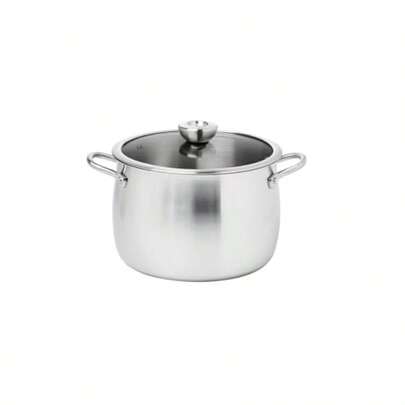 White Steel Stainless Steel Induction Stockpot With Glass Lid Silver 24 Cm Size Boilover Resistant Curved Pot High Heat Performance Thick 3Ply Base And Easy Pour Flared Rim