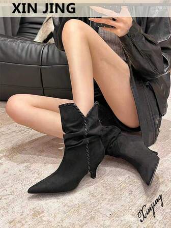 Höst/vinter Nya snygga damstövlar med spetsiga tå och rynkade, eleganta smala höga klackar till halva vaden, mångsidiga för arbete och fritidskläder, Kitten Heels