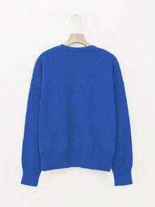 Cardigan en tricot grande taille pour femmes, col en V, épaules tombantes, manches longues, fermeture à boutons, coupe régulière, pull adapté pour le port en automne/hiver - Bleu azur - Voir 3