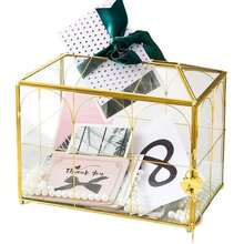 Caja de tarjeta de boda de vidrio con ranura y bloqueo Caja del titular de la tarjeta clara para la recepción de boda - Dorado - Ver 5