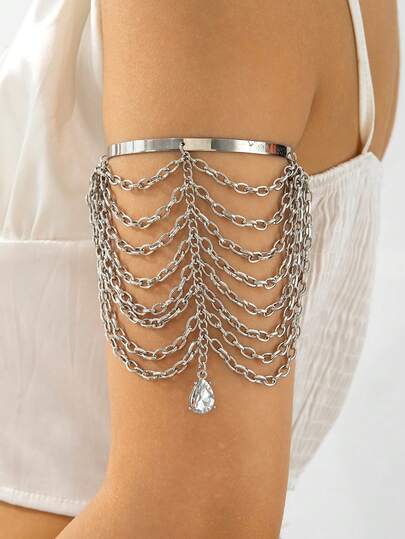 imoli 1pc Minimalist Fashionable Metal Tassel Pendant Necklace With Teardrop & Heart Charms, Multi-Layer Bracelet Jewelry, Versatile Gift For Women, Suitable For Parties And Holidays