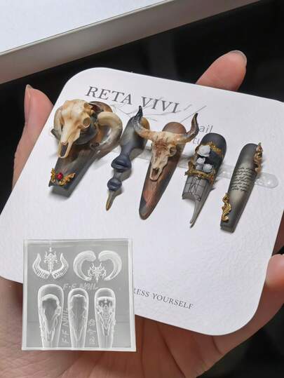 High Transparency Sheep Rune Pattern Nail Art Mold, Sheep Skull, Dragon Spine Bone, Dark Gothic 3D Embossed Nail Decoration Silicone Mold