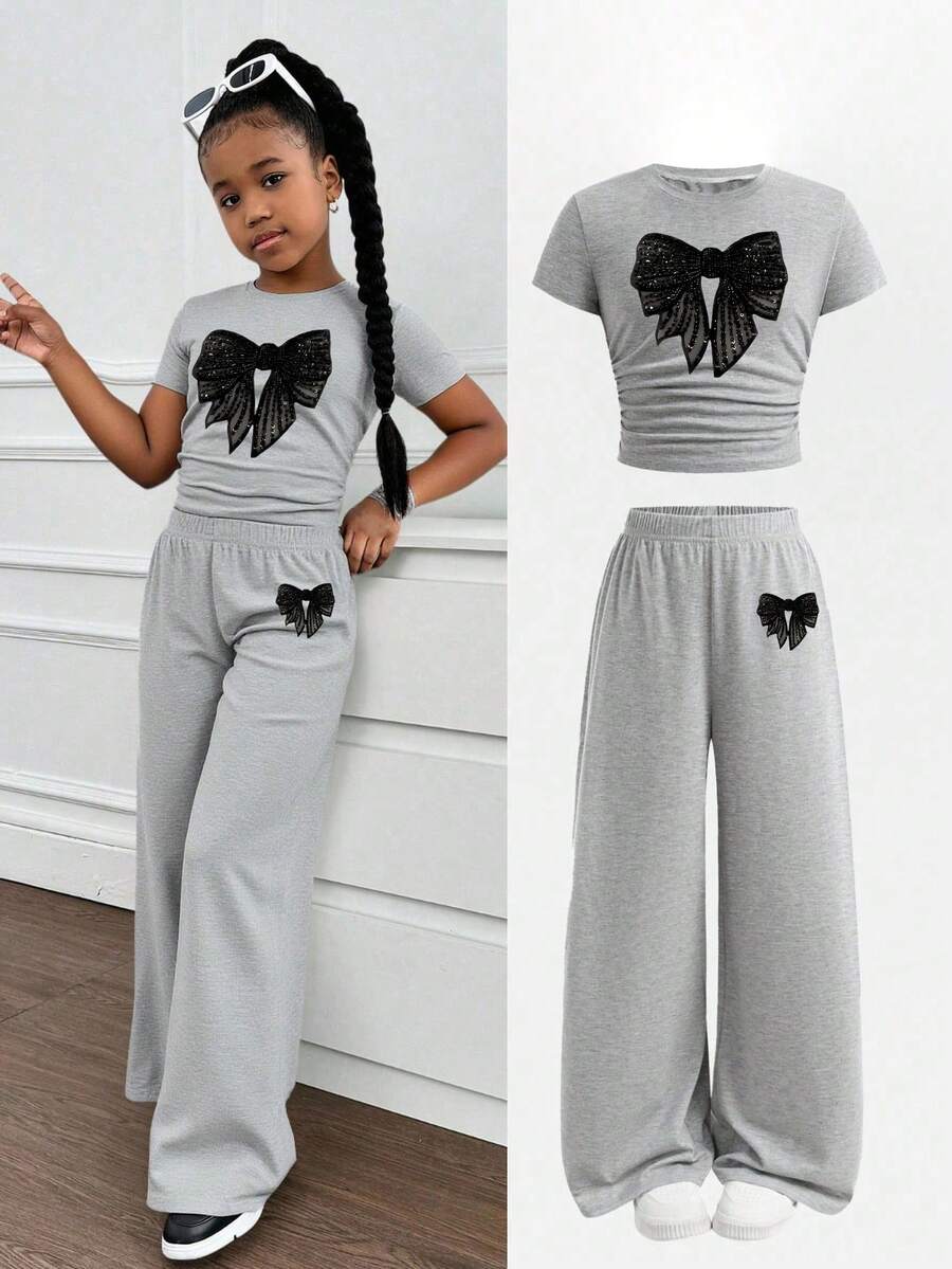 Toddler Girls' Bow Print Short Sleeve Top And Loose Fit Pants Set - Grey - View 1