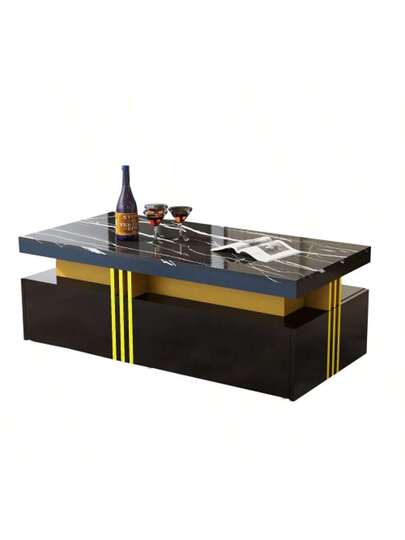 Moderne Rectangular Coffee Tafel High Gloss Top, Wooden Drawers, Marbled Tabletop, Living Room, 100*50*40 Cm view 3
