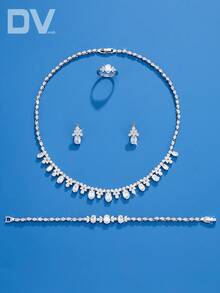DV JEWELRY 5件套立方氧化锆半钻镀白金奢华项链、手链、耳环、开口戒指首饰套装，优雅珠宝礼品，适合女士、派对、周年纪念等场合，附赠礼盒 - 銀色 - 查看 3