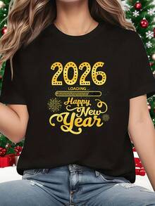 Camiseta de Año Nuevo para Hombre 2026 - Diseño de Barra de Progreso Dorada con Impresión Feliz Año Nuevo 2026, Ajuste Relajado 100% Manga Corta Cuello Redondo, Atuendo Divertido para la Fiesta de Año Nuevo para la Transición 2025-2026, Ropa Casual Lavable a Máquina, Estilo Unisex Cómodo para Todas las Estaciones - Negro - Ver 2